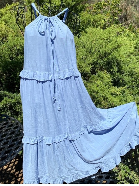 Dresses & Skirts - Sleeveless Light Blue Tiered Midi Dress with Tie Neck